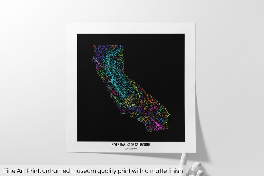 California - River basin map, rainbow colours - Wall Art