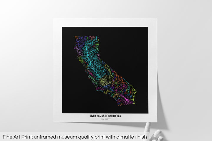 California - River basin map, rainbow colours - Wall Art