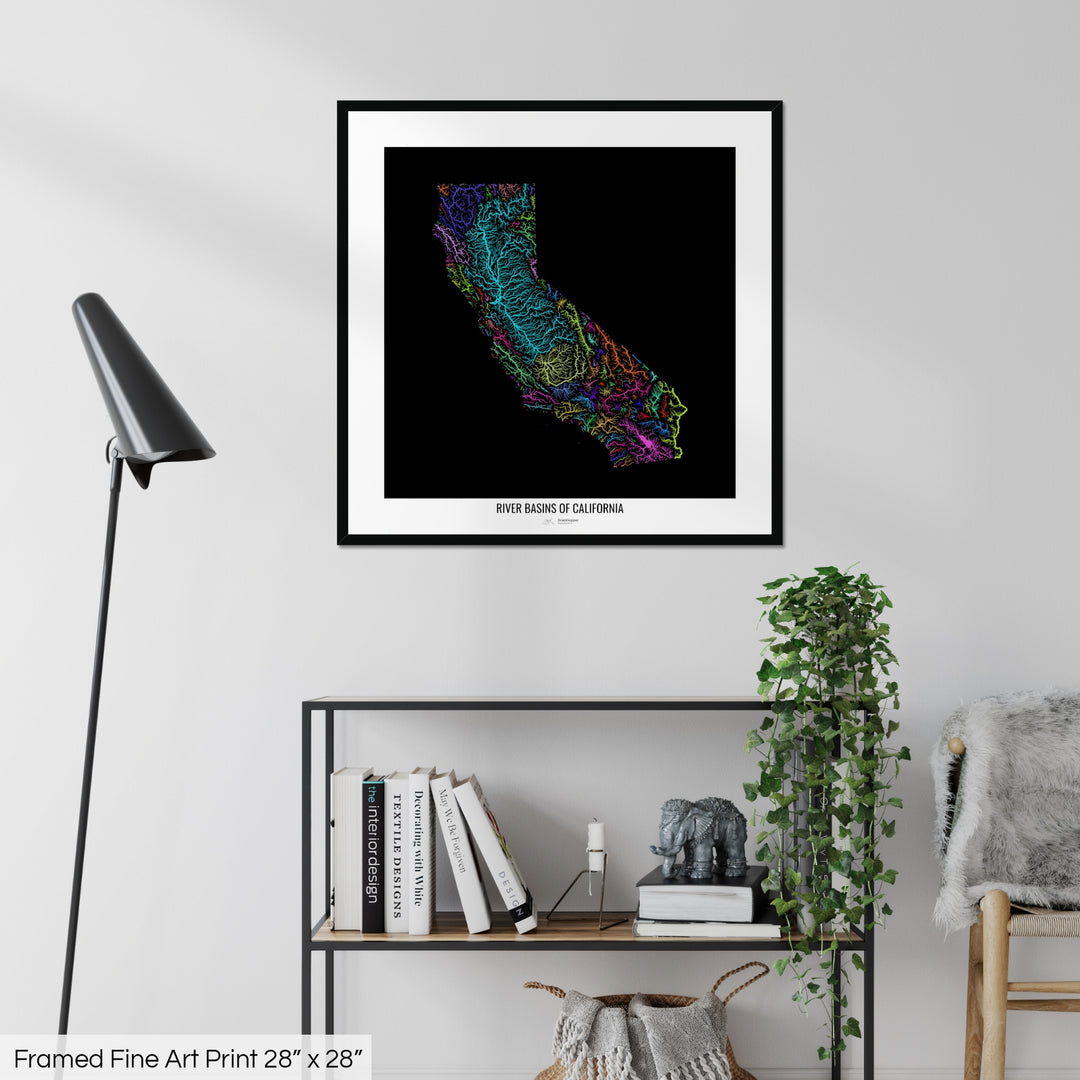 California - River basin map, rainbow colours - Wall Art