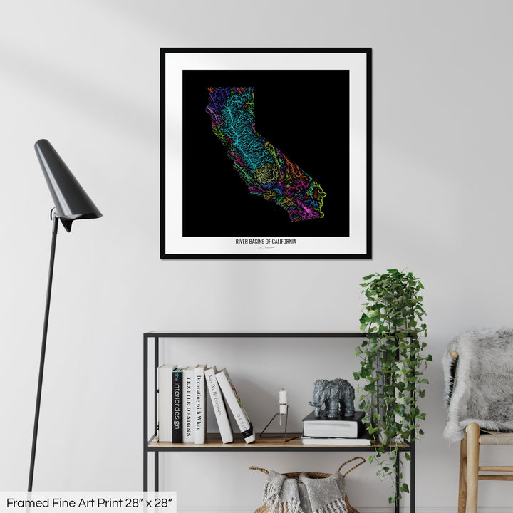 California - River basin map, rainbow colours - Wall Art