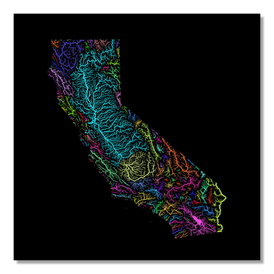 California - River basin map, rainbow colours - Wall Art