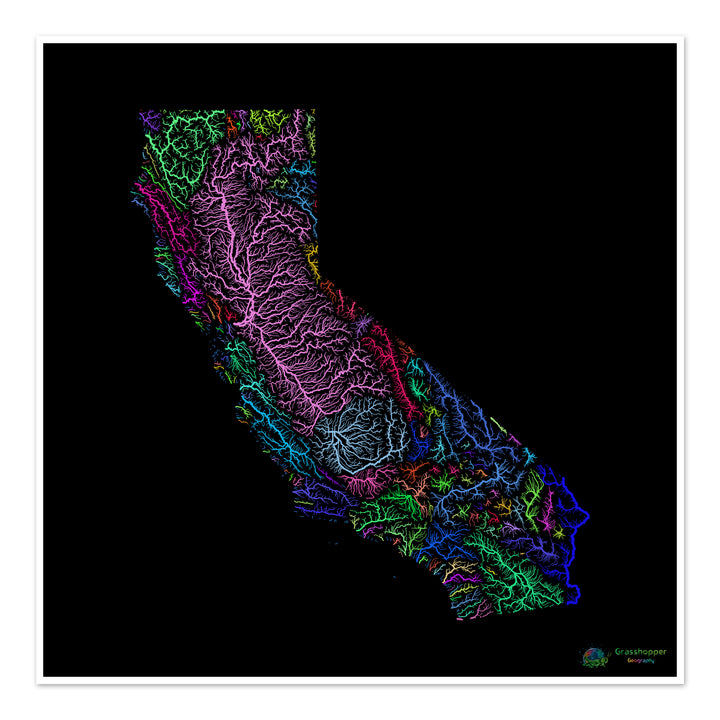 California - Mapa de la cuenca fluvial, arco iris sobre negro - Impresión de bellas artes