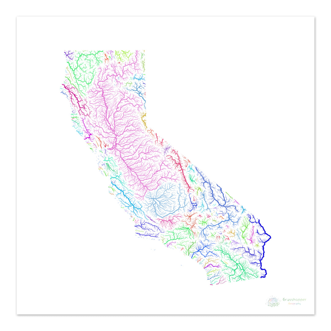 Californie - Carte des bassins fluviaux, arc-en-ciel sur blanc - Fine Art Print