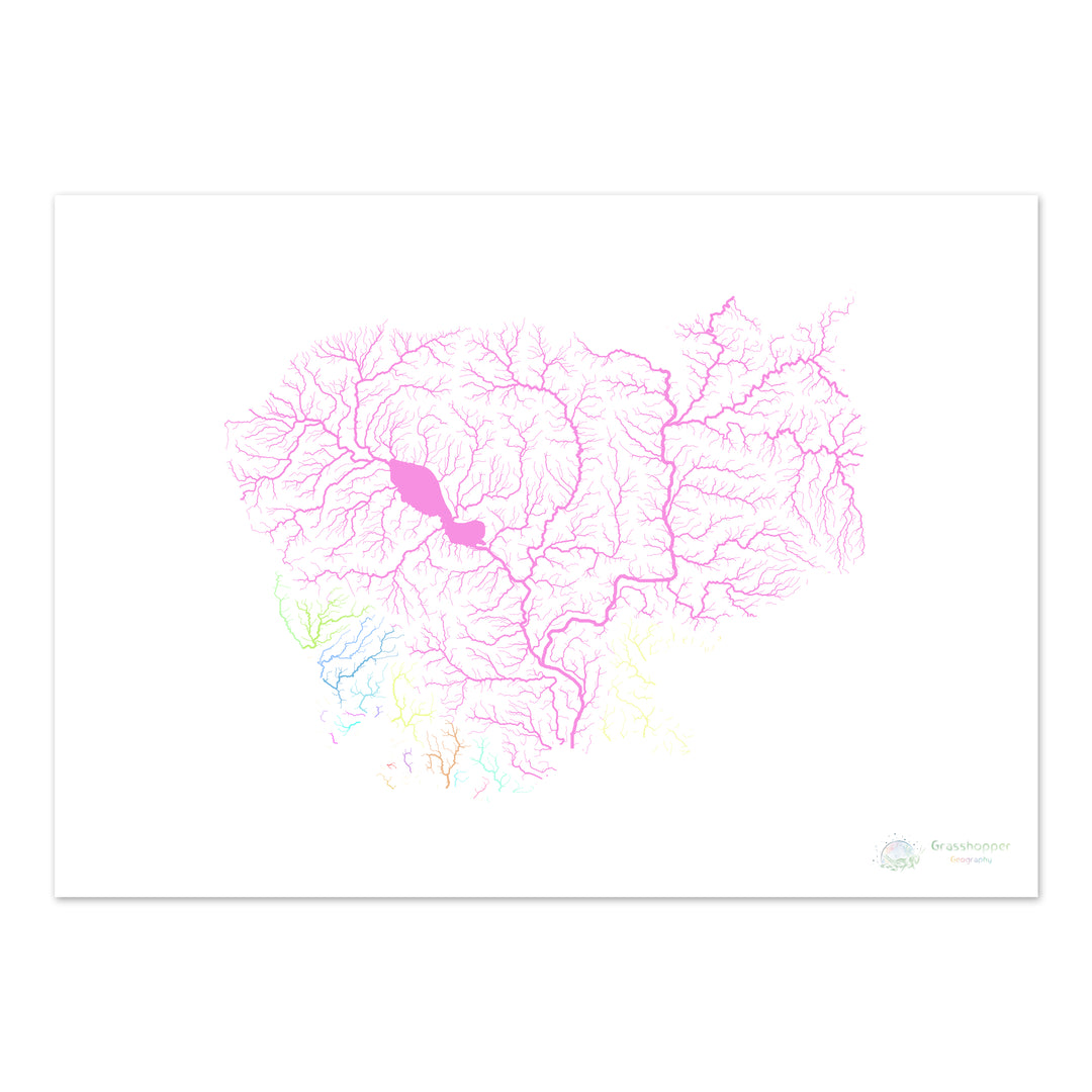 Kambodscha - Flussgebietskarte, Pastell auf Weiß - Fine Art Print
