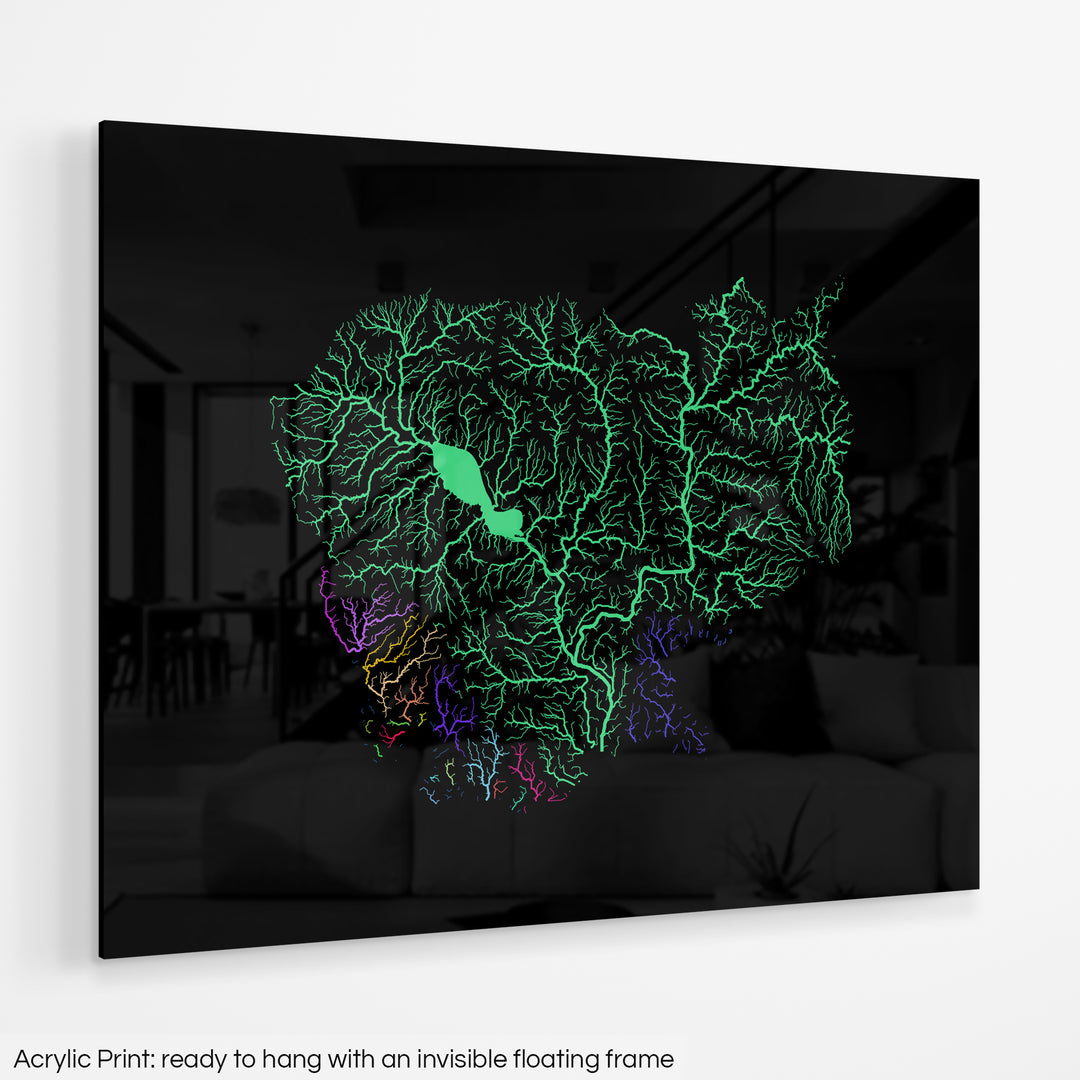 Cambodia - River basin map, rainbow colours - Wall Art