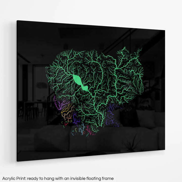 Cambodia - River basin map, rainbow colours - Wall Art