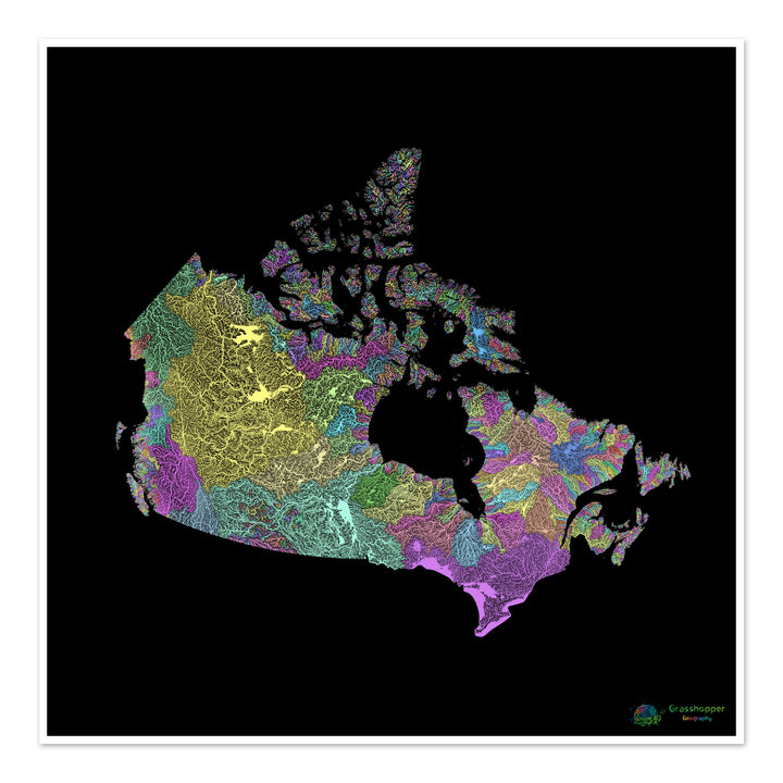 Canadá - Mapa de la cuenca fluvial, pastel sobre negro - Impresión de Bellas Artes