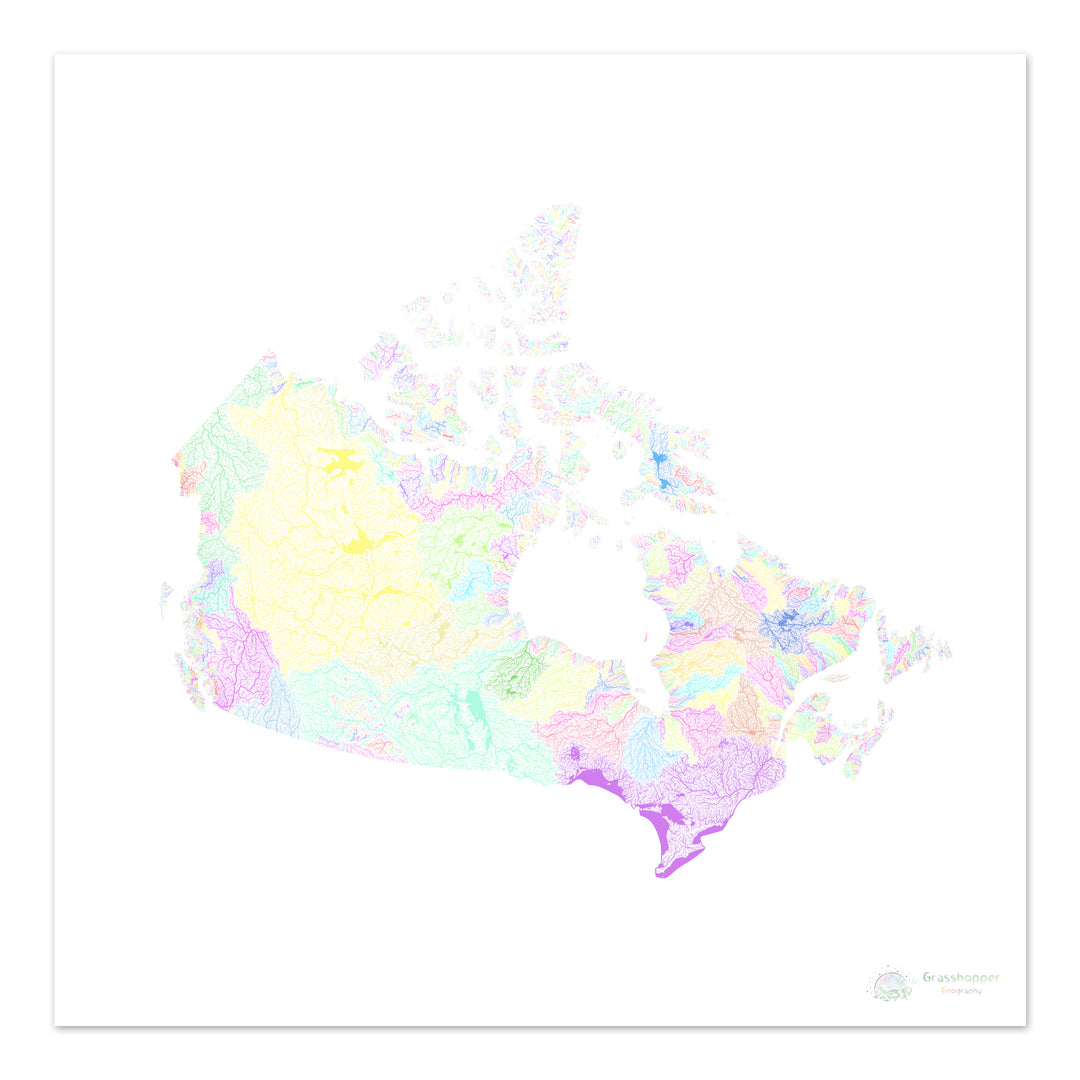 Canada - Carte des bassins fluviaux, pastel sur blanc - Tirage d'art