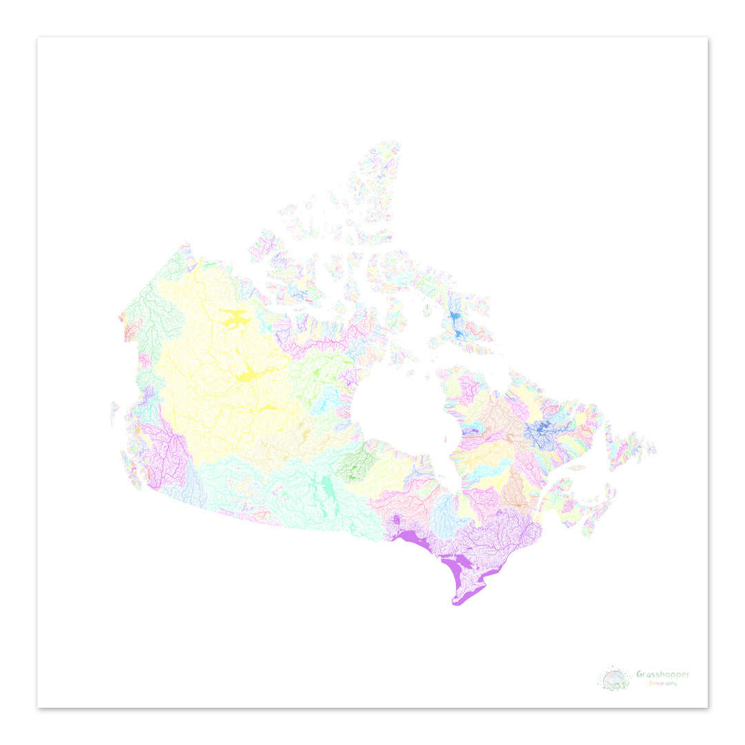 Kanada - Flussgebietskarte, Pastell auf Weiß - Fine Art Print