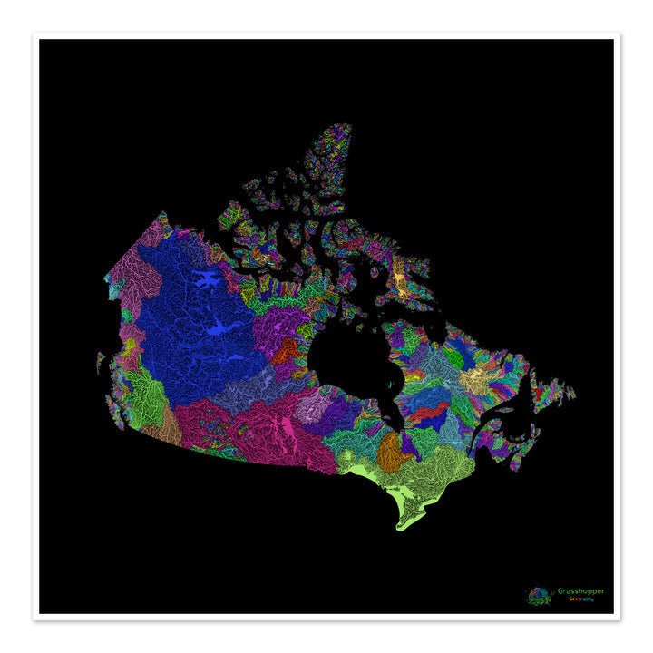 Canada - Carte des bassins fluviaux, arc-en-ciel sur noir - Fine Art Print