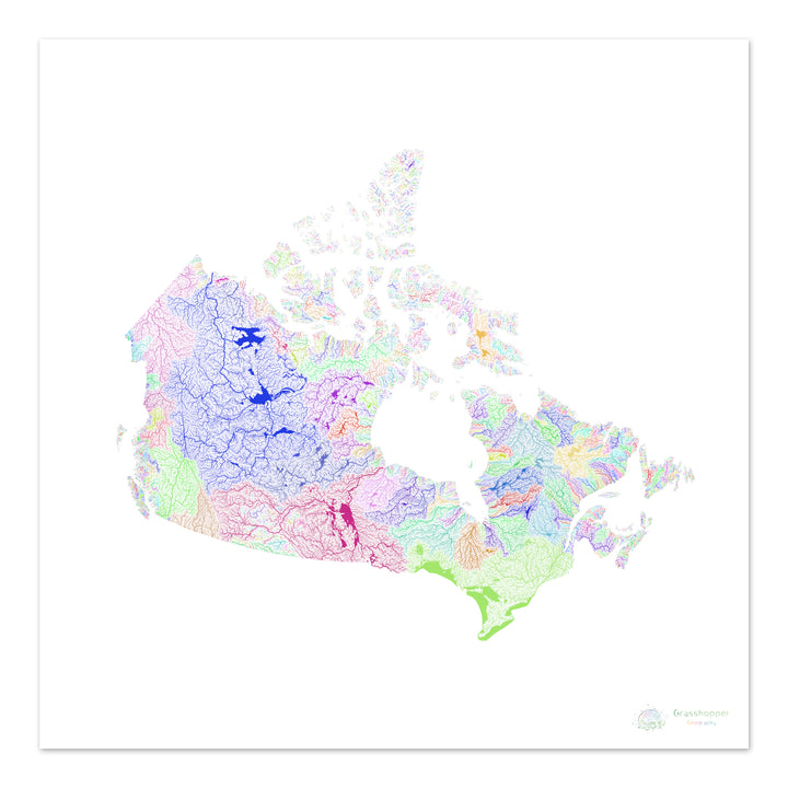 River basin map of Canada, rainbow colours on white Fine Art Print