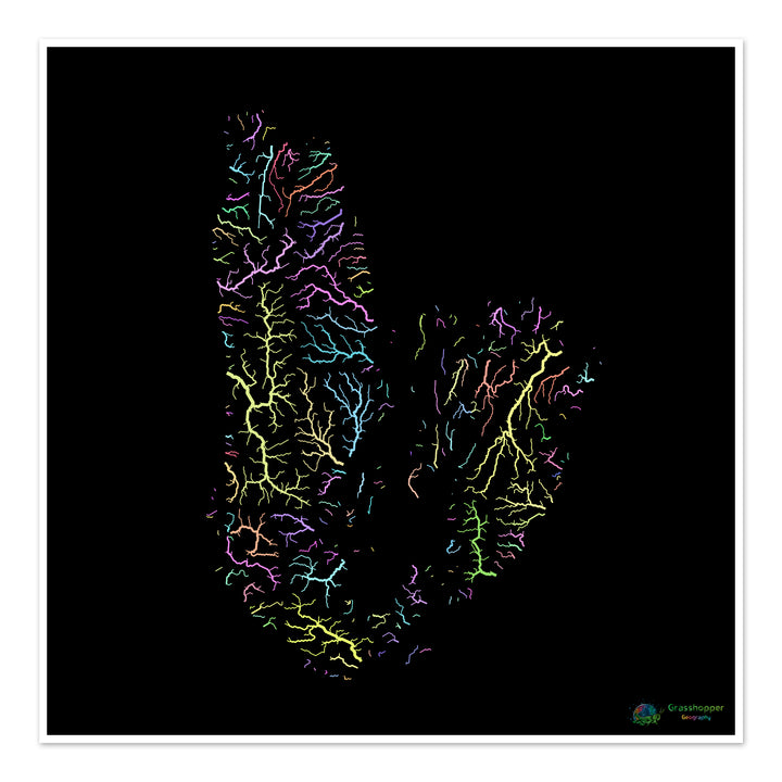 River basin map of Cape Breton, pastel colours on black - Fine Art Print