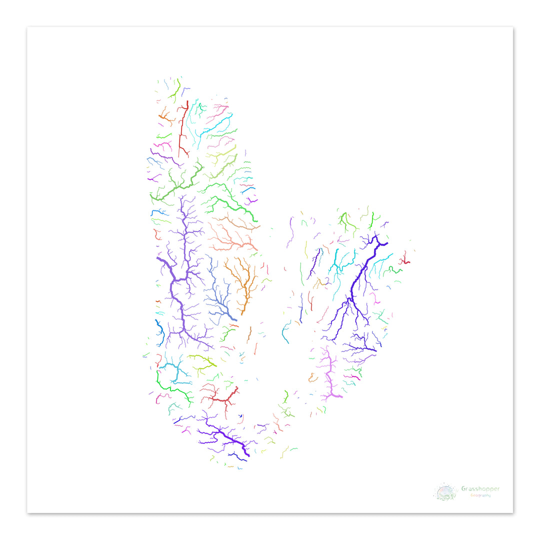 Cabo Bretón - Mapa de la cuenca del río, arco iris sobre blanco - - Impresión de Bellas Artes
