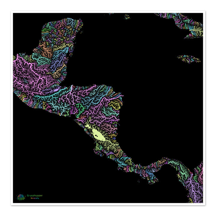 River basin map of Central America, pastel colours on black - Fine Art Print