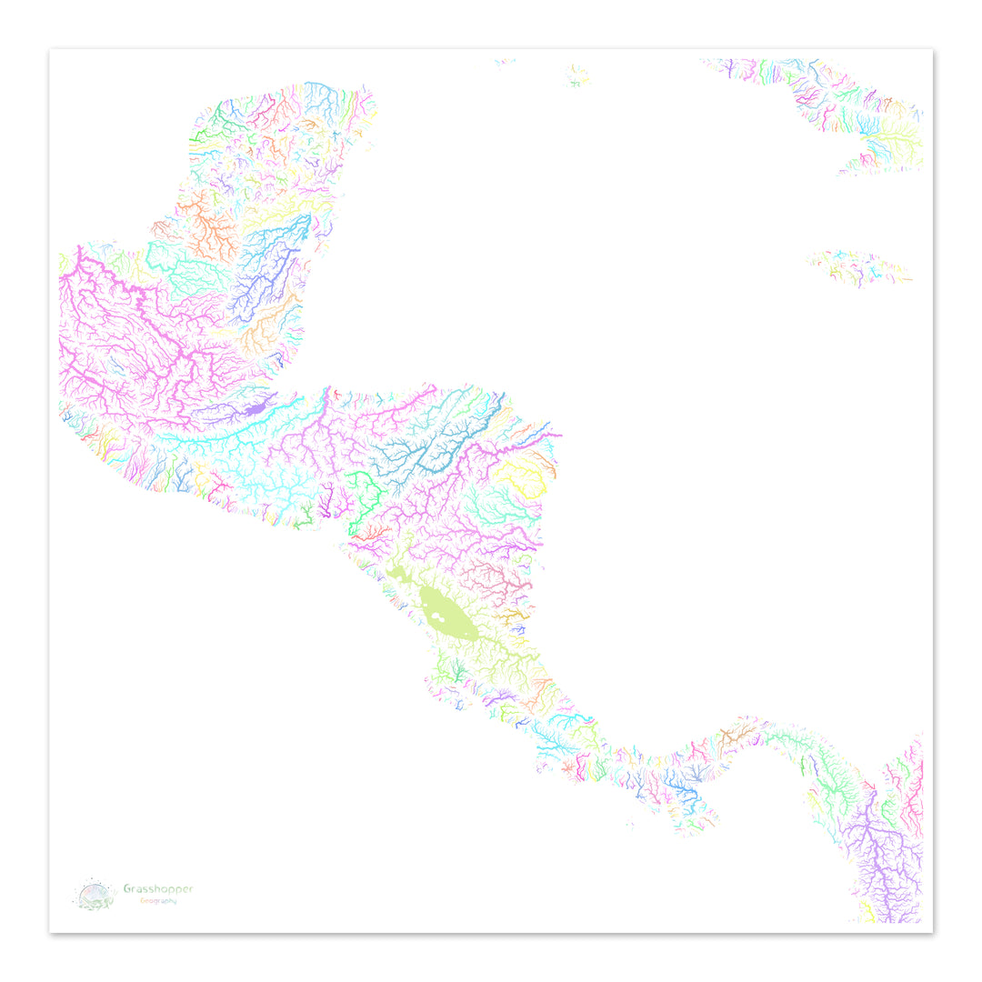 Central America - River basin map, pastel on white - Fine Art Print