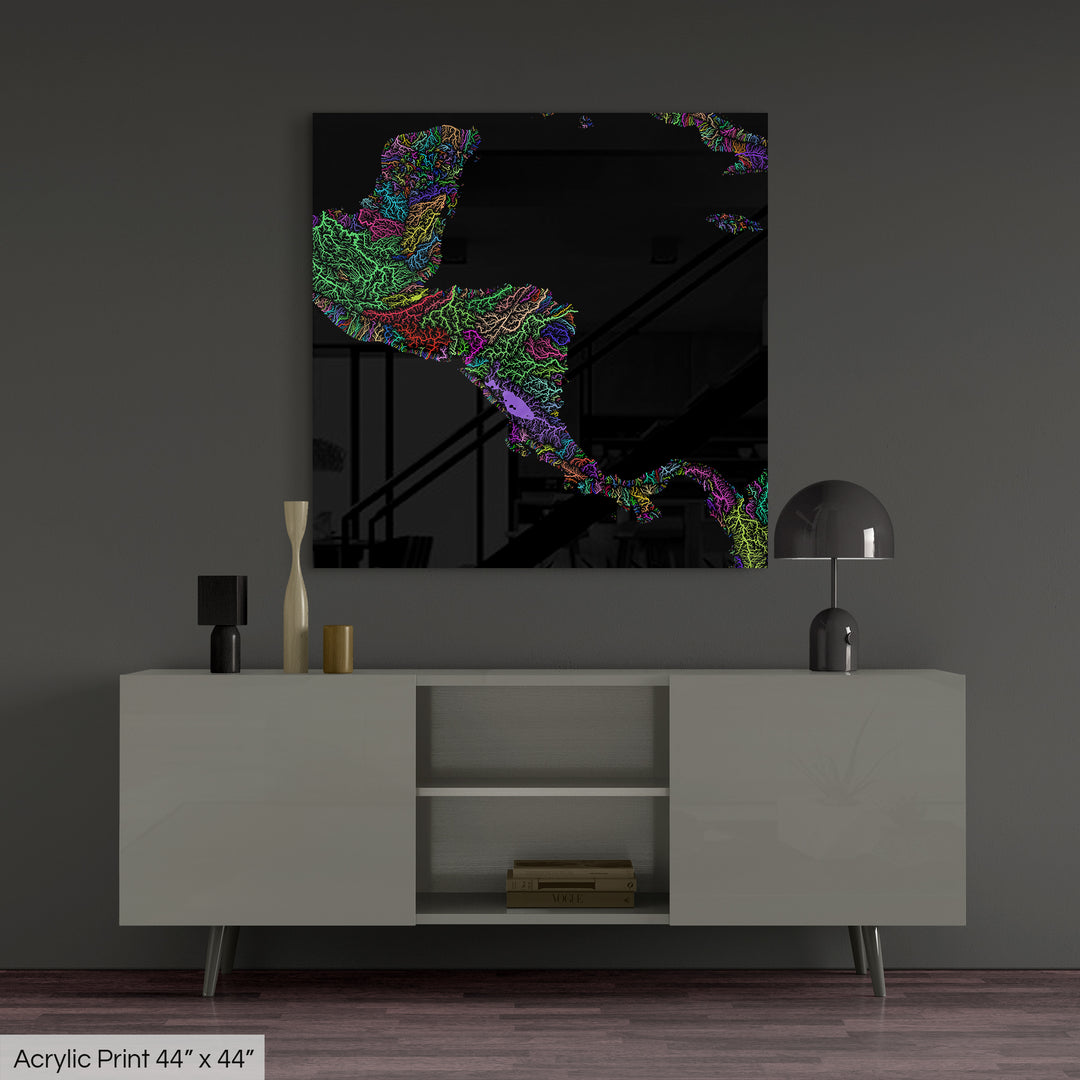 Central America - River basin map, rainbow colours - Wall Art