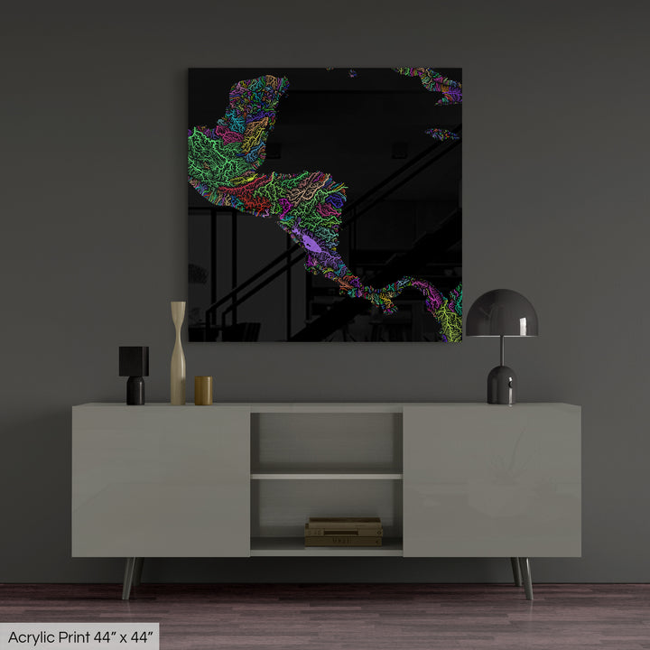 Central America - River basin map, rainbow colours - Wall Art
