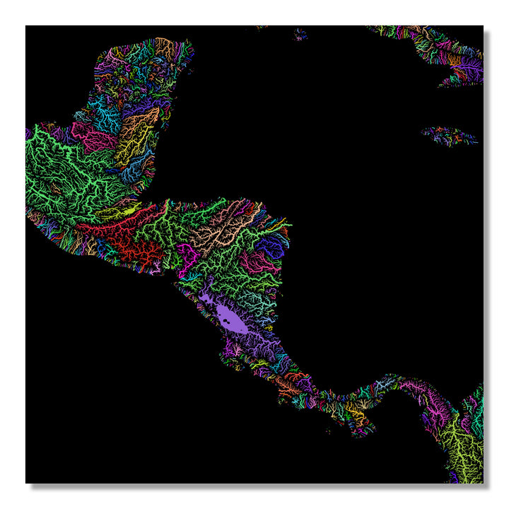 Central America - River basin map, rainbow colours - Wall Art