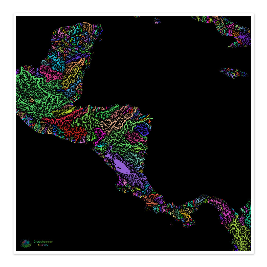 Amérique centrale - Carte des bassins fluviaux, arc-en-ciel sur noir - Fine Art Print