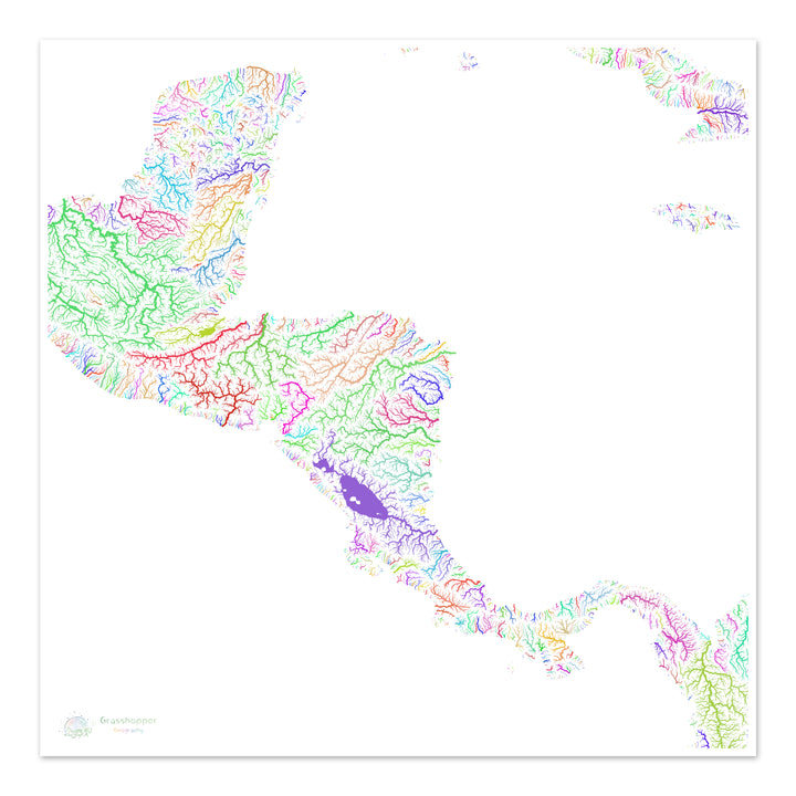 Centroamérica - Mapa de cuencas fluviales, arco iris sobre blanco - Impresión de Bellas Artes