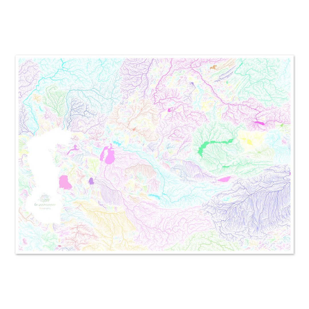 Asia Central - Mapa de la cuenca fluvial, pastel sobre blanco - Impresión de Bellas Artes