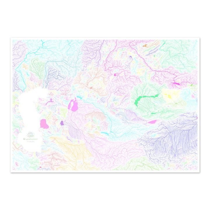 Asia Central - Mapa de la cuenca fluvial, pastel sobre blanco - Impresión de Bellas Artes