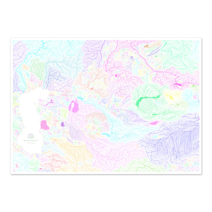 Central Asia - River basin map, pastel on white - Fine Art Print