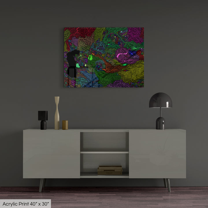 Central Asia - River basin map, rainbow colours - Wall Art