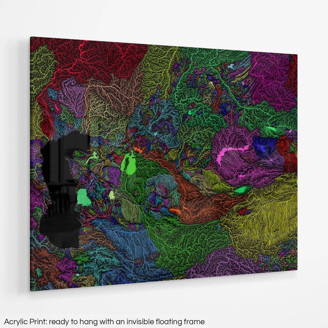 Central Asia - River basin map, rainbow colours - Wall Art