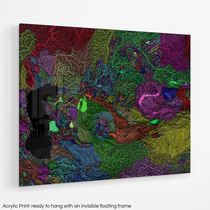 Central Asia - River basin map, rainbow colours - Wall Art