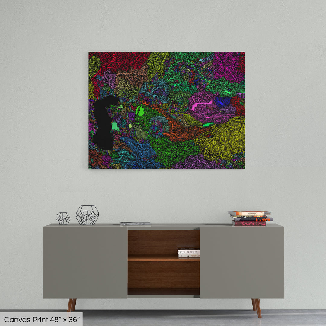 Central Asia - River basin map, rainbow colours - Wall Art