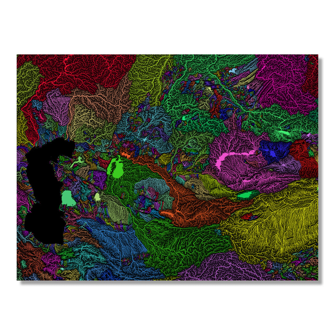 Central Asia - River basin map, rainbow colours - Wall Art