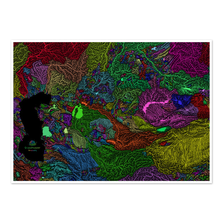 River basin map of Central Asia, rainbow colours on black - Fine Art Print