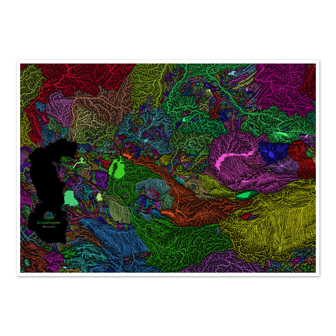 Central Asia - River basin map, rainbow on black - Fine Art Print