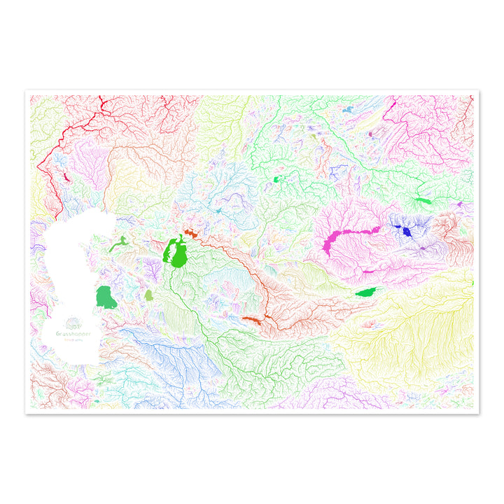 Central Asia - River basin map, rainbow on white - Fine Art Print