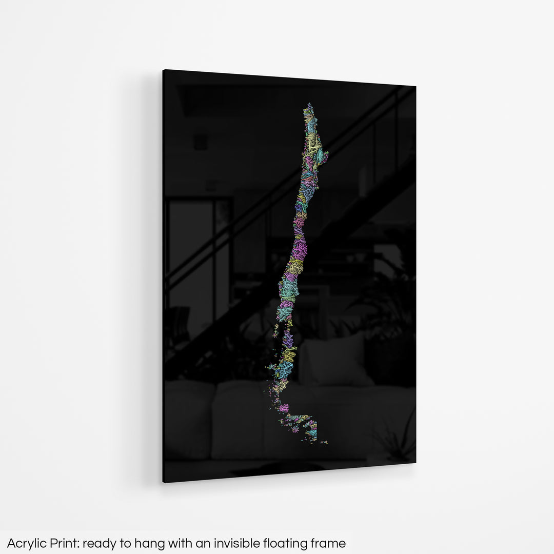Chile - River basin map, pastel colours - Wall Art