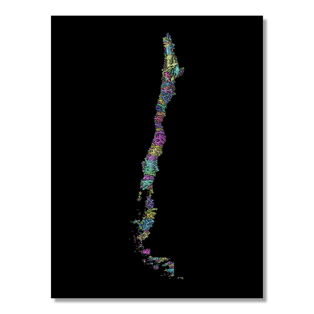 Chile - River basin map, pastel colours - Wall Art