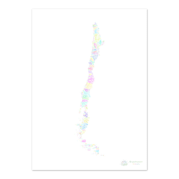 River basin map of Chile, pastel colours on white - Fine Art Print
