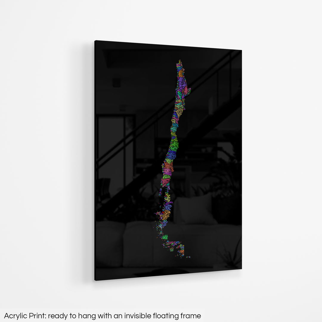 Chile - River basin map, rainbow colours - Wall Art