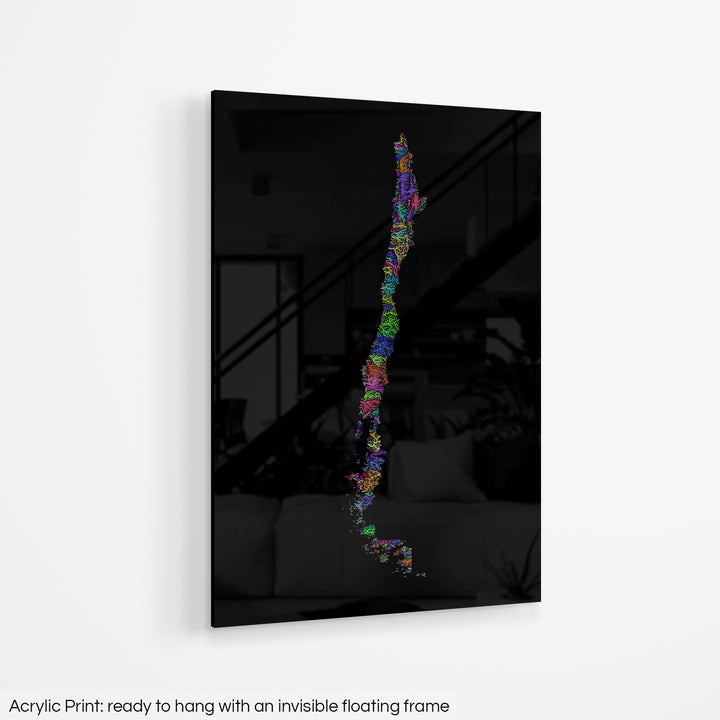 Chile - River basin map, rainbow colours - Wall Art