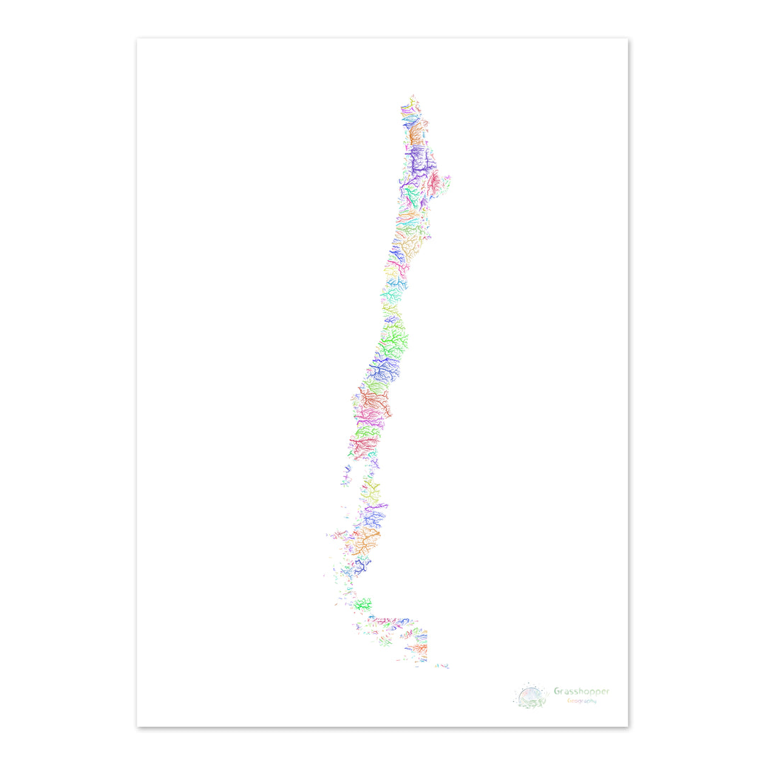 Chile - River basin map, rainbow on white - Fine Art Print