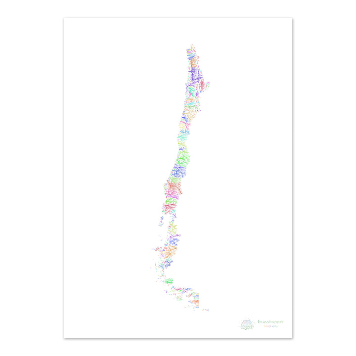 Chile - River basin map, rainbow on white - Fine Art Print