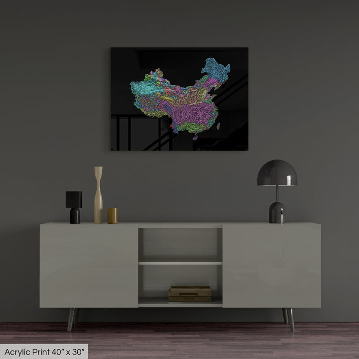 China and Taiwan - River basin map, pastel colours - Wall Art