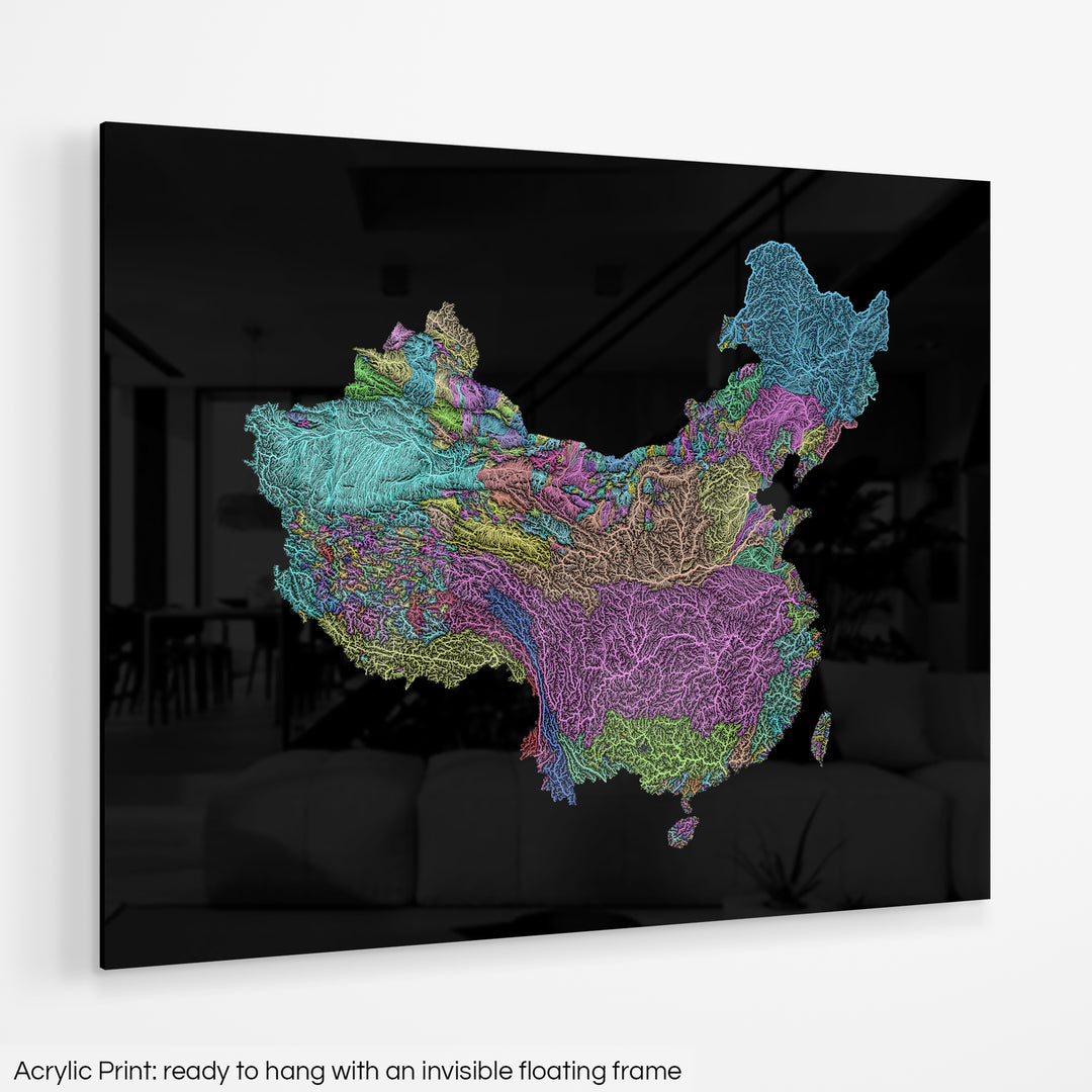 China and Taiwan - River basin map, pastel colours - Wall Art