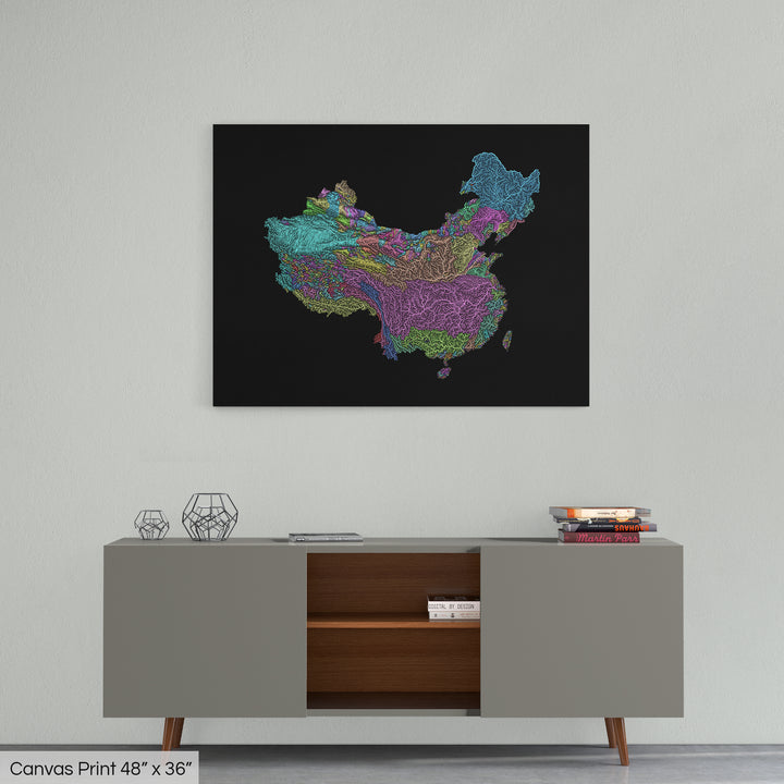 China and Taiwan - River basin map, pastel colours - Wall Art
