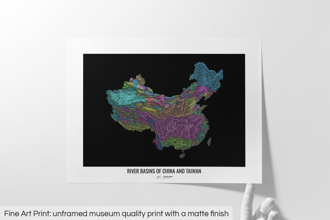China and Taiwan - River basin map, pastel colours - Wall Art