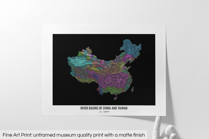 China and Taiwan - River basin map, pastel colours - Wall Art