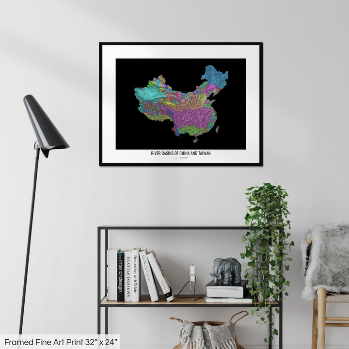 China and Taiwan - River basin map, pastel colours - Wall Art