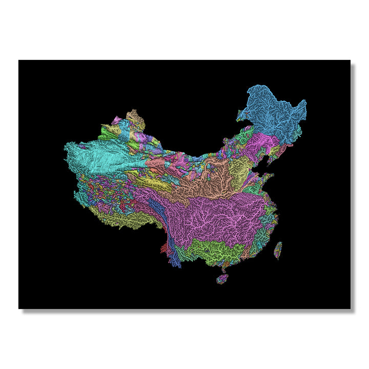 China and Taiwan - River basin map, pastel colours - Wall Art