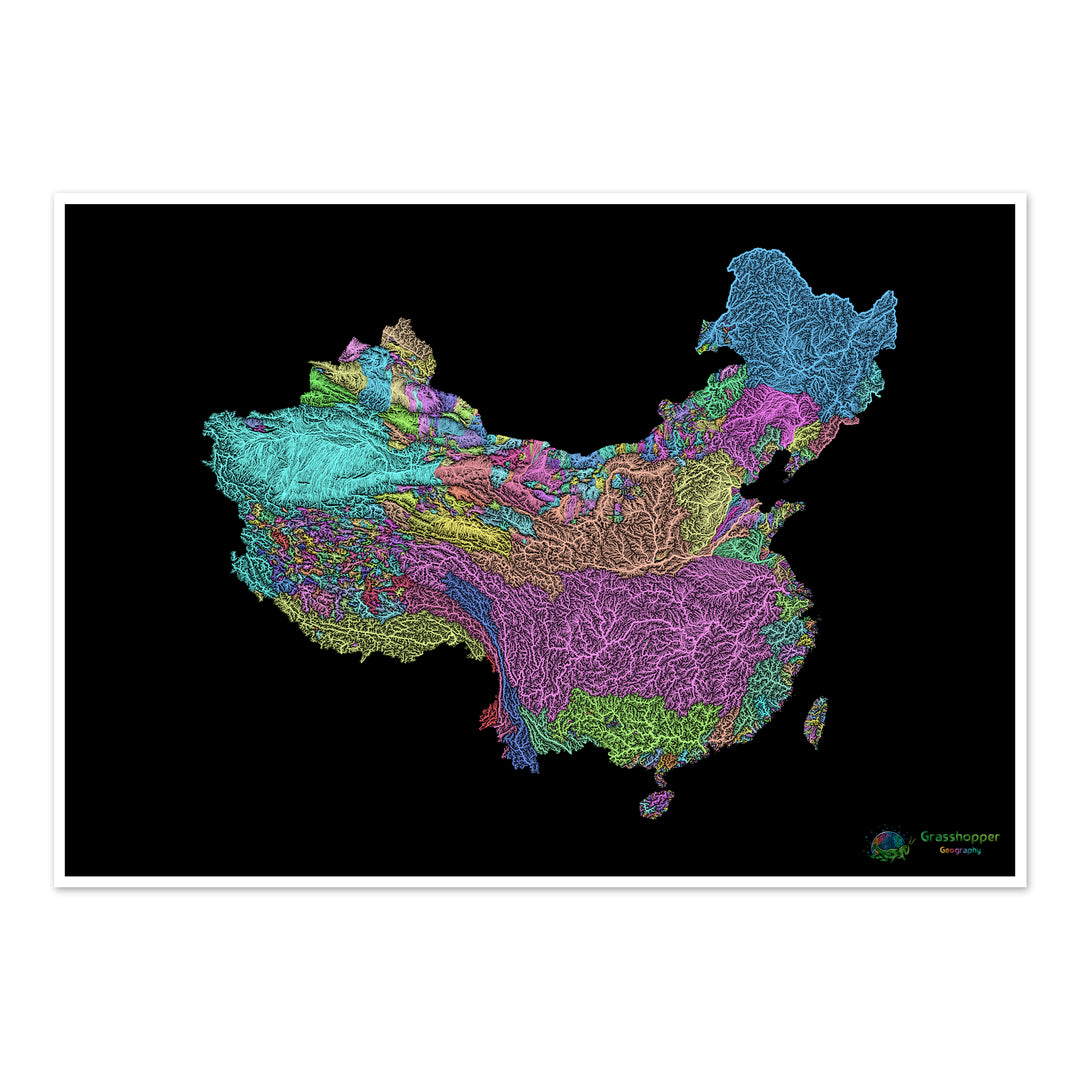 China and Taiwan - River basin map, pastel on black - Fine Art Print